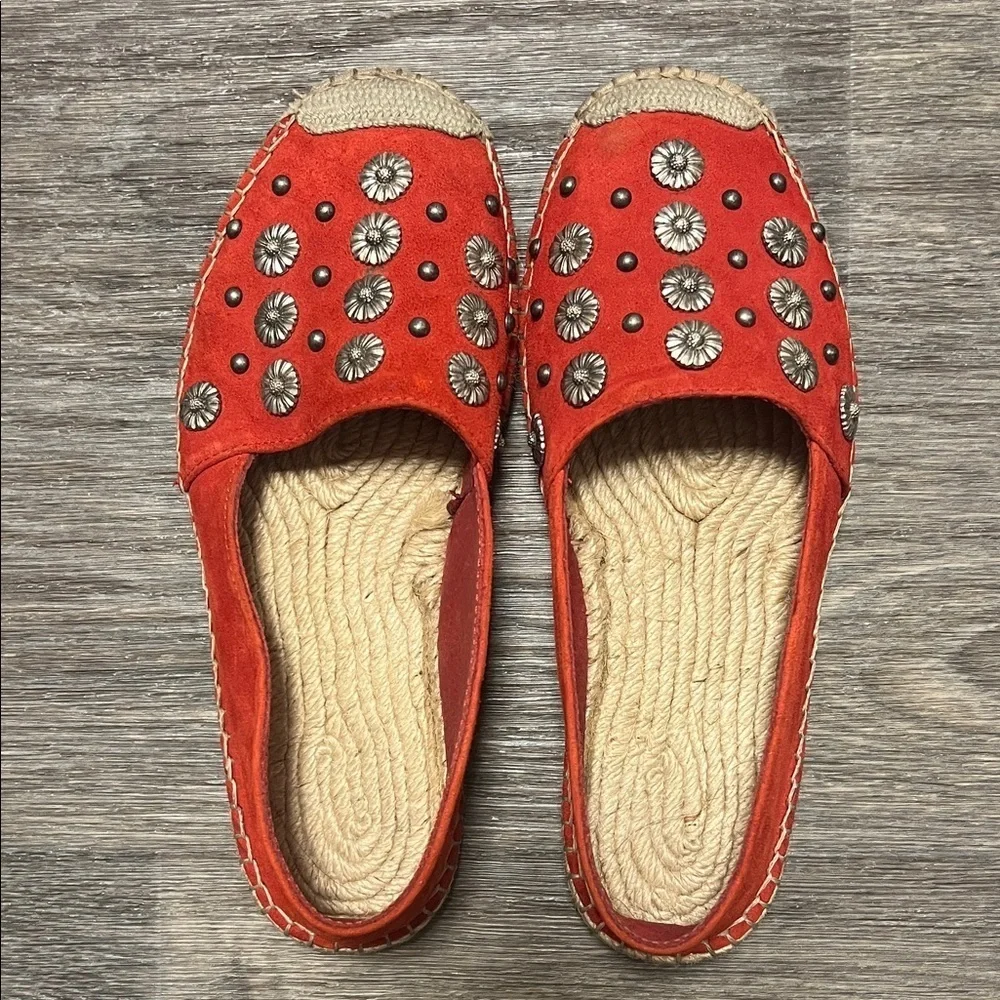 The Kooples Daisy Espadrilles, red, studded, size 37 / 6.5US